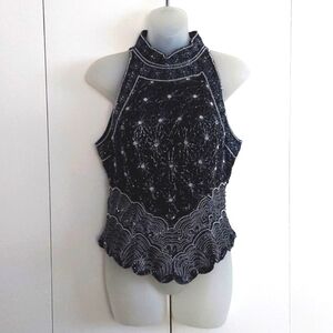 Vintage Papell Boutique Evening Black & Silver Beaded Trapeze Halter Top Size M